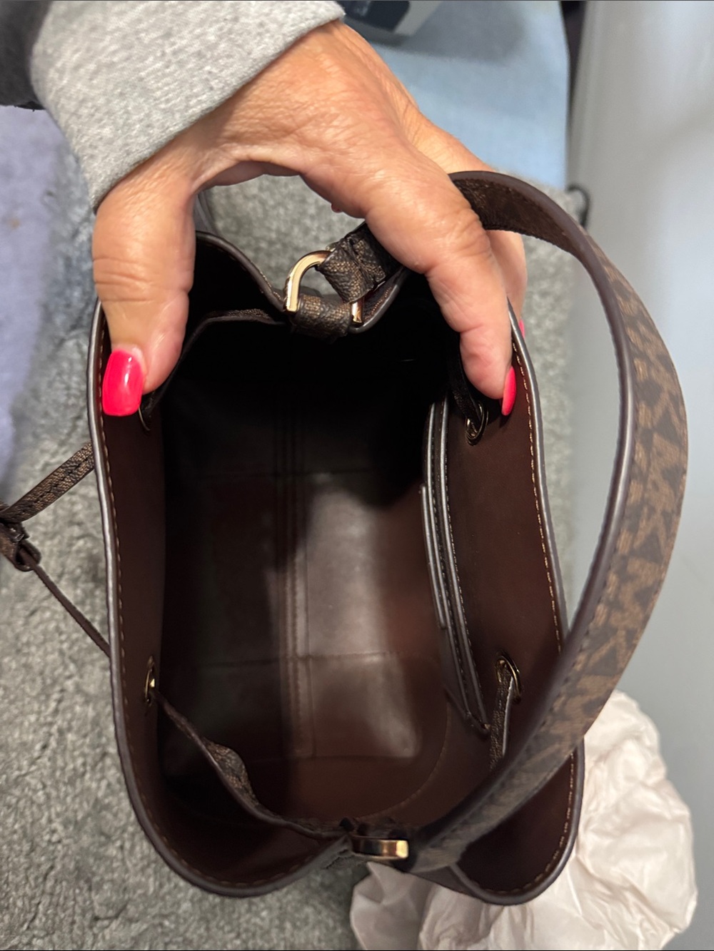 Michael Kors Chocolate Brown Pebbled Leather Drawstring Bucket Bag - Picture 3 of 5